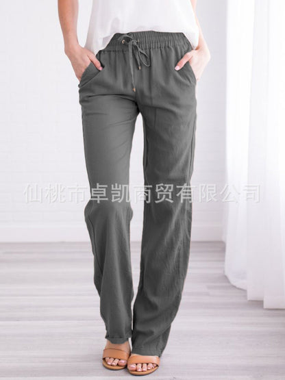 Women's Cotton Linen Drawstring Wide Leg Casual Pants