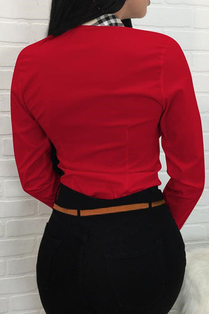Women's Fitted V Neck Long Sleeve Blouse with Plaid Trim