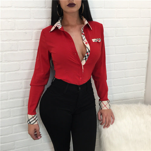 Women's Fitted V Neck Long Sleeve Blouse with Plaid Trim
