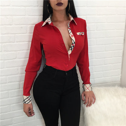 Women's Fitted V Neck Long Sleeve Blouse with Plaid Trim