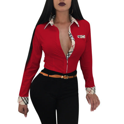 Women's Fitted V Neck Long Sleeve Blouse with Plaid Trim