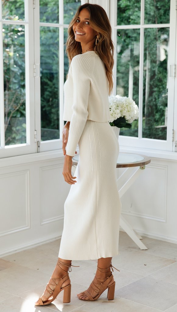 Ribbed Knit Crop Sweater Slit Maxi Skirt Two Piece Set