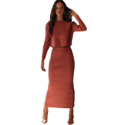 Ribbed Knit Crop Sweater Slit Maxi Skirt Two Piece Set