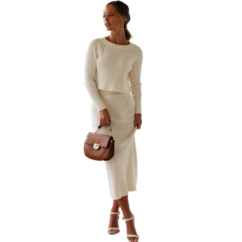 Ribbed Knit Crop Sweater Slit Maxi Skirt Two Piece Set