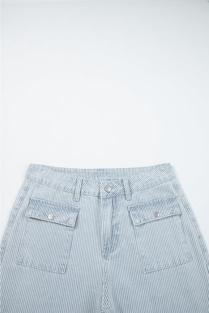 Sky Blue Pinstripe Wide Leg Jeans with Button Flap Pockets