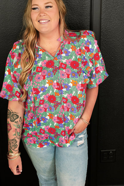 Multicolour Plus Size Floral Print Ruffle V Neck Bubble Sleeve Blouse