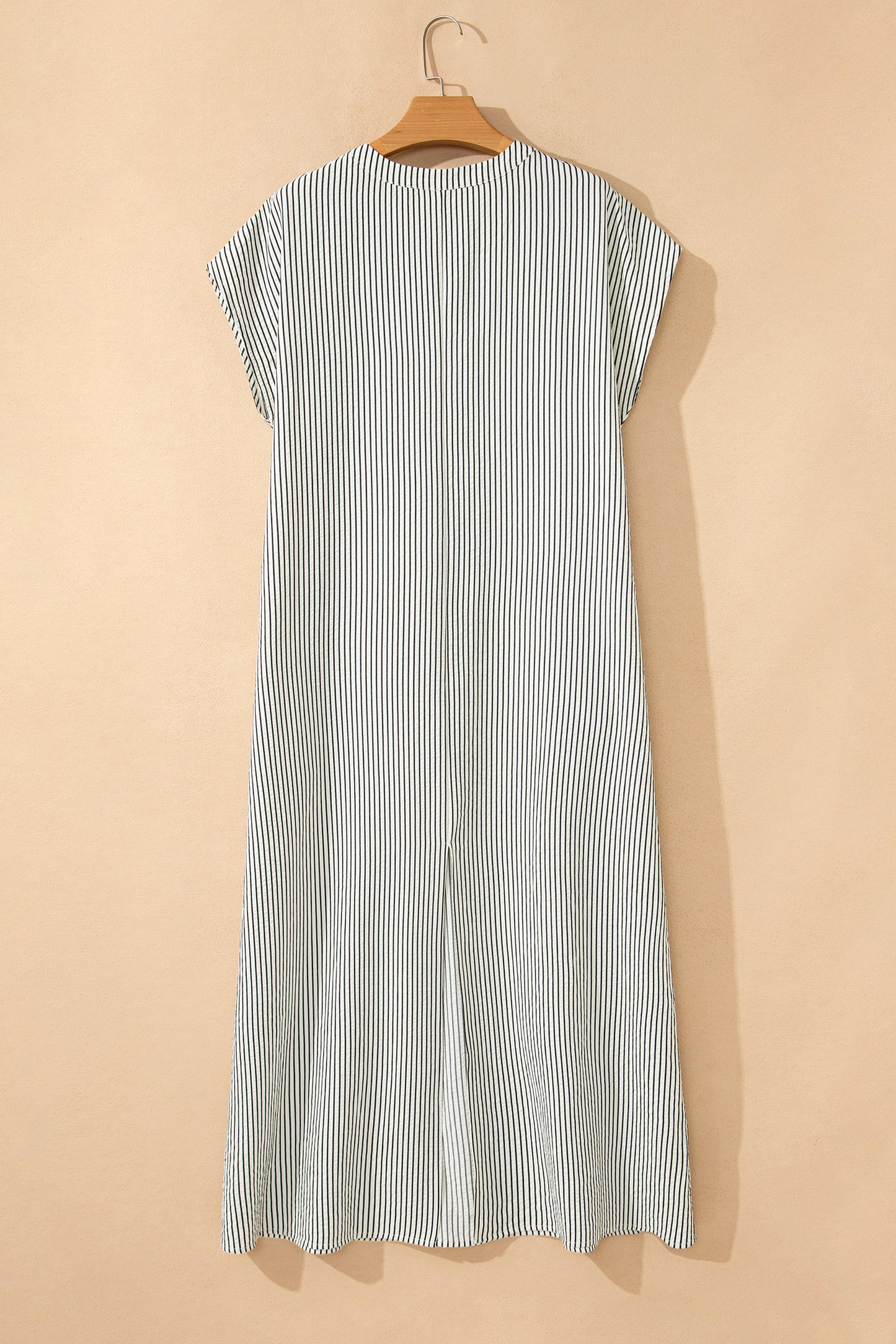 Black Stripe Ruffle Half-Button Short Sleeve Maxi Dress