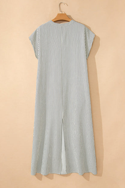 Black Stripe Ruffle Half-Button Short Sleeve Maxi Dress