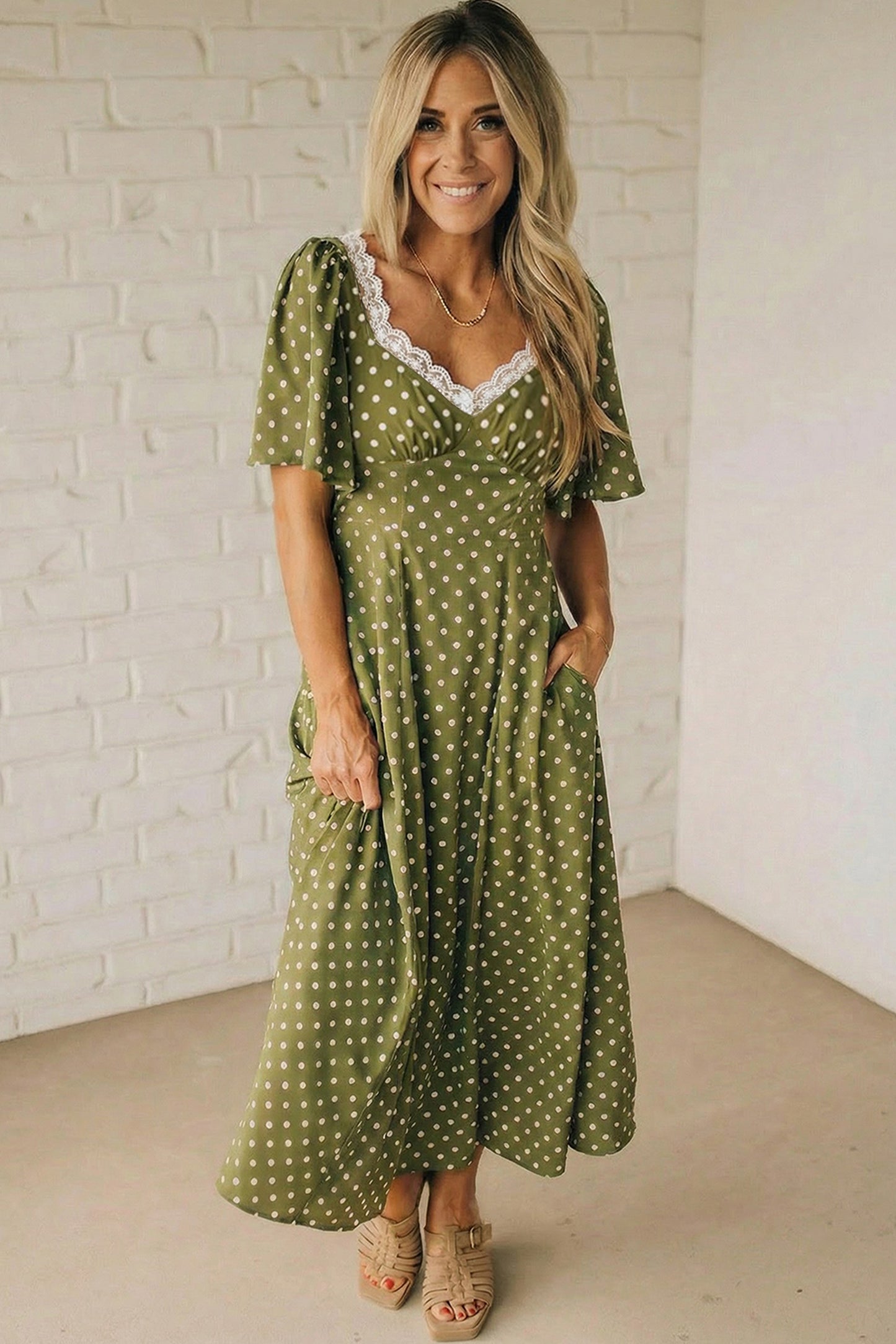 Green Polka Dot Lace Trim Smocked Maxi Dress