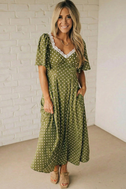 Green Polka Dot Lace Trim Smocked Maxi Dress