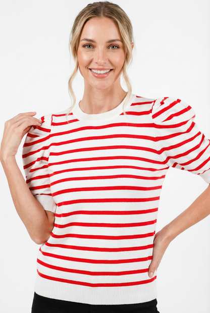 Red Striped Puff Sleeve Crew Neck Knit Top