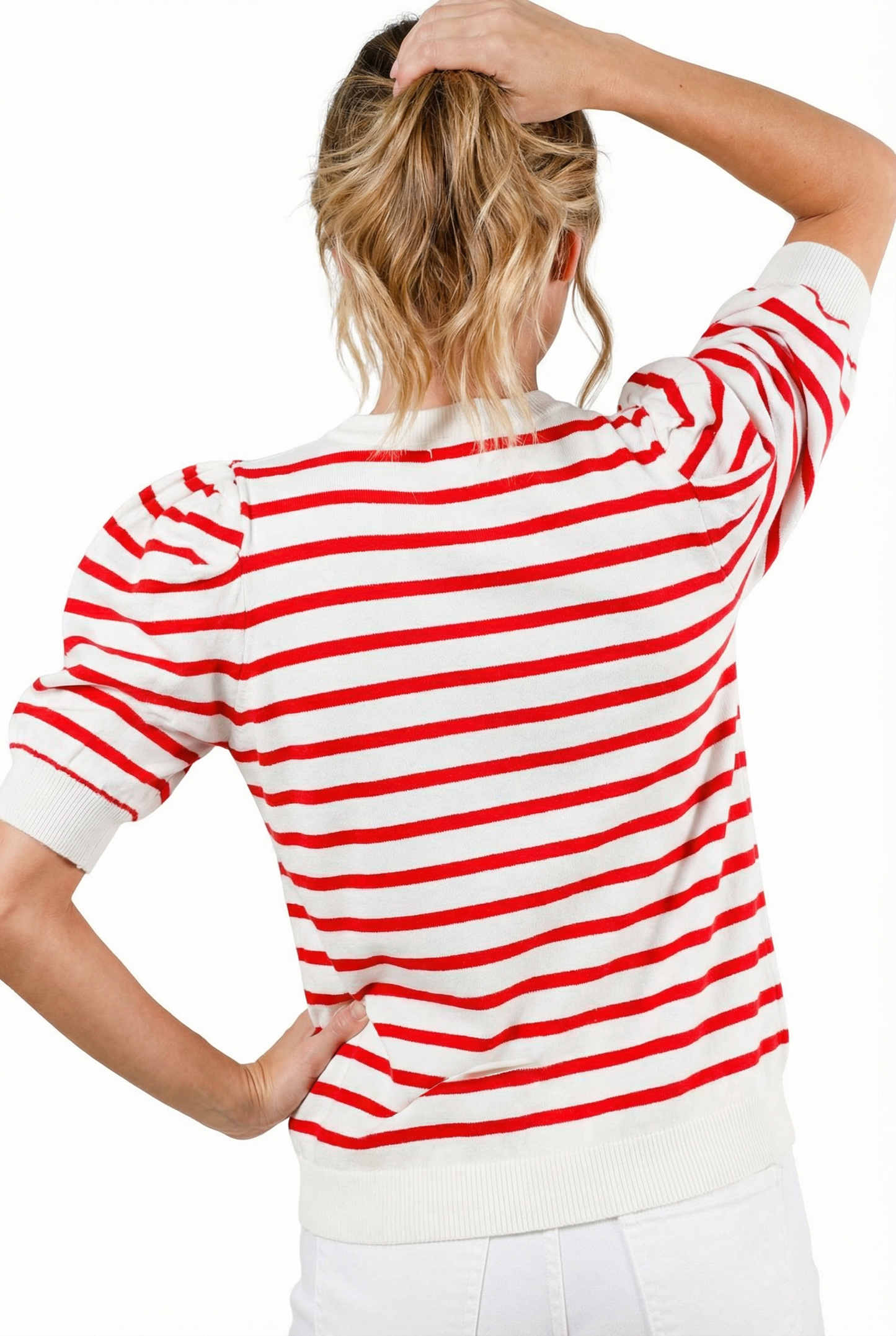Red Striped Puff Sleeve Crew Neck Knit Top