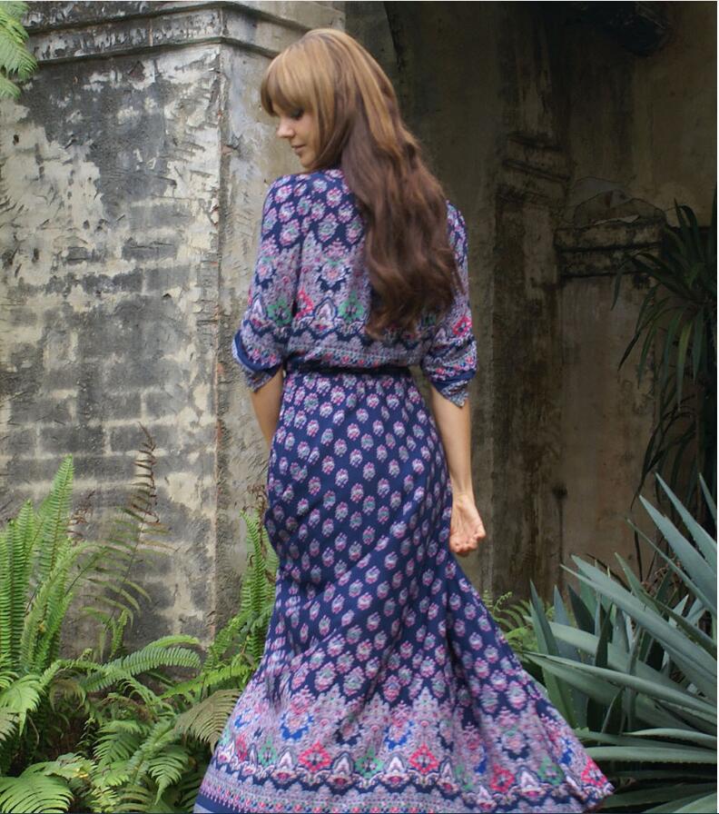 Boho Floral Maxi Dress V-Neck Tie Waist Beach Dress