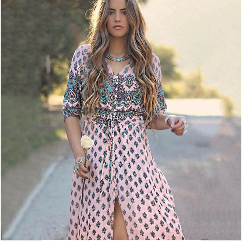 Boho Floral Maxi Dress V-Neck Tie Waist Beach Dress