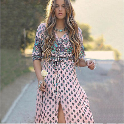 Boho Floral Maxi Dress V-Neck Tie Waist Beach Dress