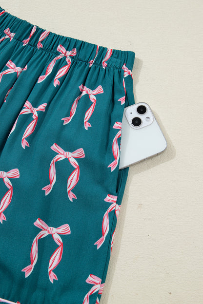 Green Bow Satin Pajama Set for Valentine Long Sleeve/Shorts