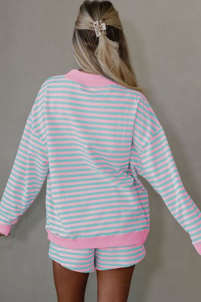 Striped Long Sleeve Pullover and Shorts Lounge Set
