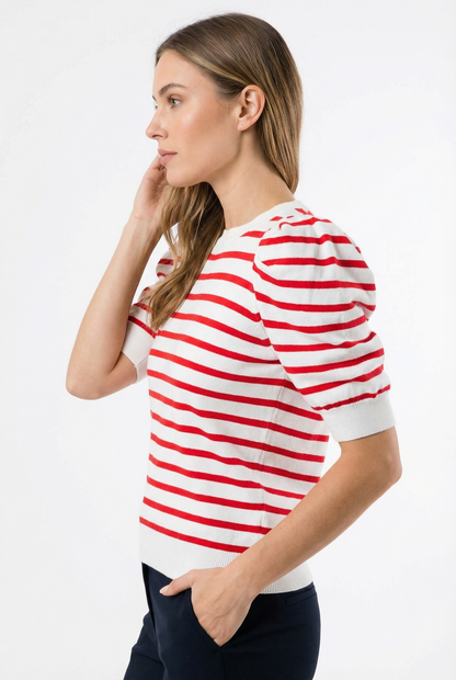 Red Striped Puff Sleeve Crew Neck Knit Top