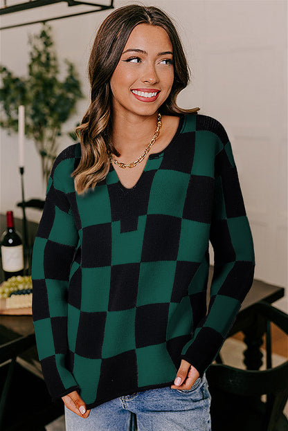 Women's Checkered Knit Sweater with Notched Neck