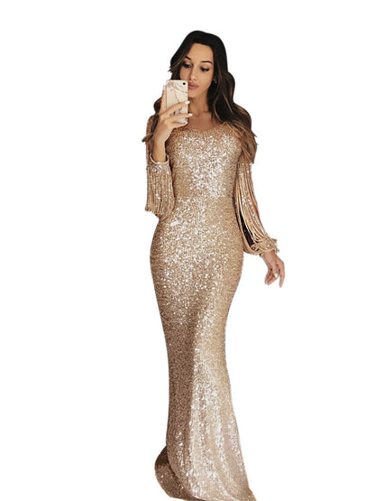 Women's Sequin Fringe Long Sleeve Evening Maxi Dress