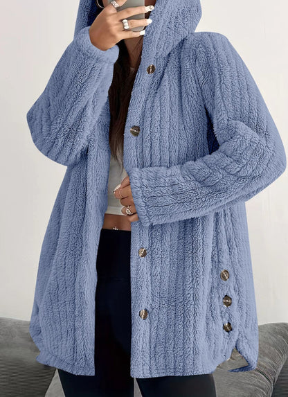 Women's Oversized Hooded Sherpa Jacket Button Front