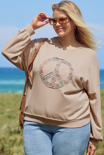 Pale Khaki Floral Peace Sign Graphic Washed Terry Plus Size Sweatshirt