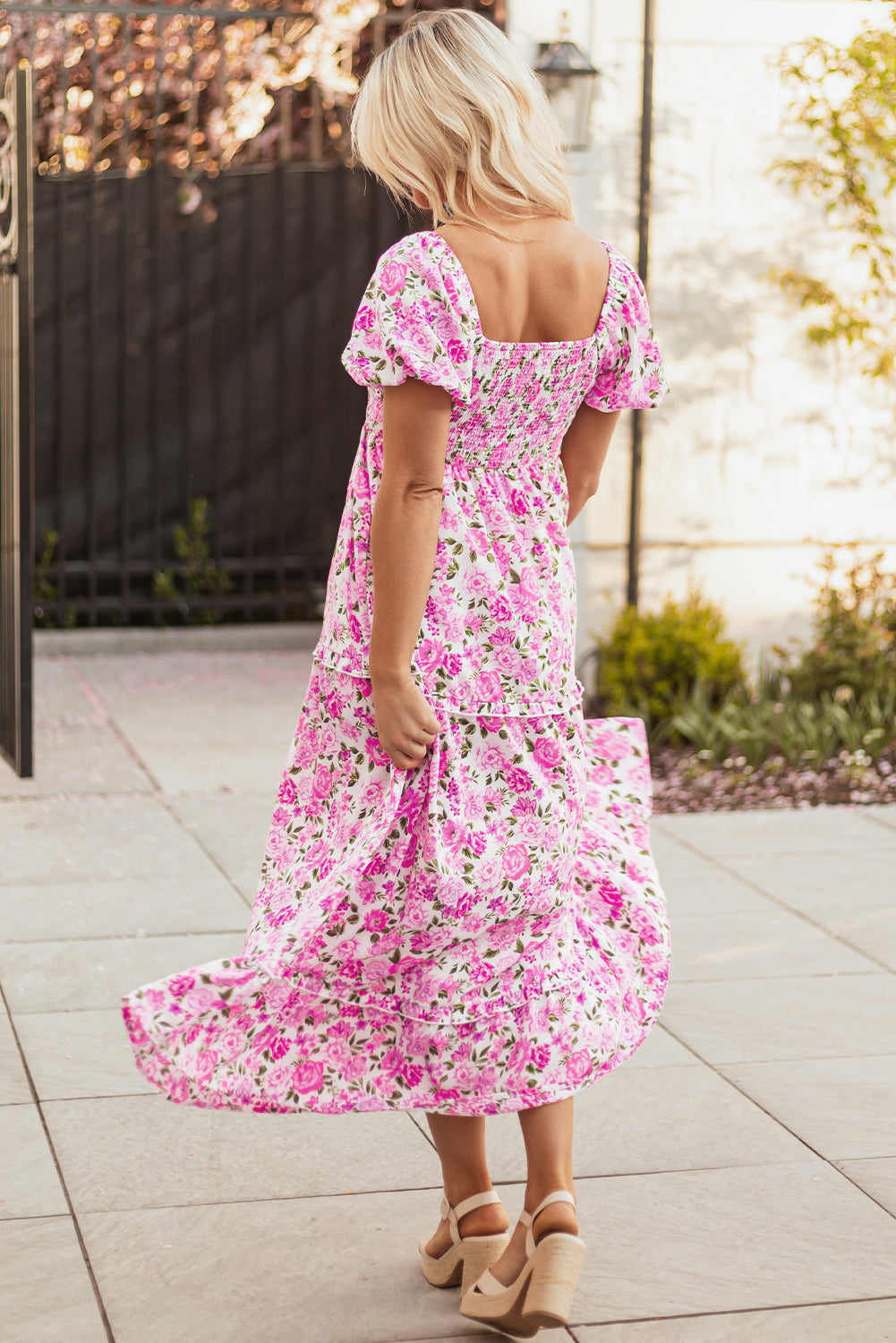 Easter Pink Floral Square Neck Puff Sleeve Maxi Dress