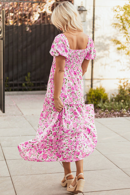 Easter Pink Floral Square Neck Puff Sleeve Maxi Dress