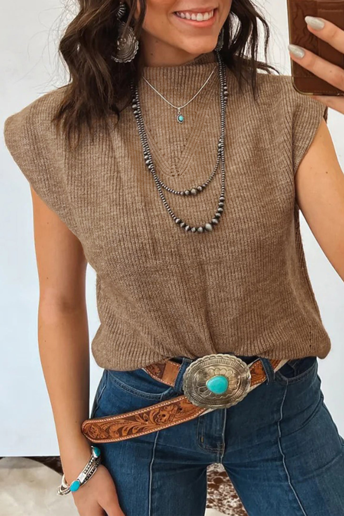 Western Ribbed Knit Mock Neck Sleeveless Sweater Top