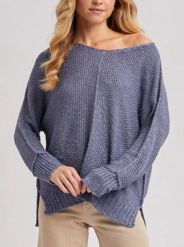 Textured V Neck Reverse Seam Relaxed Knit Sweater