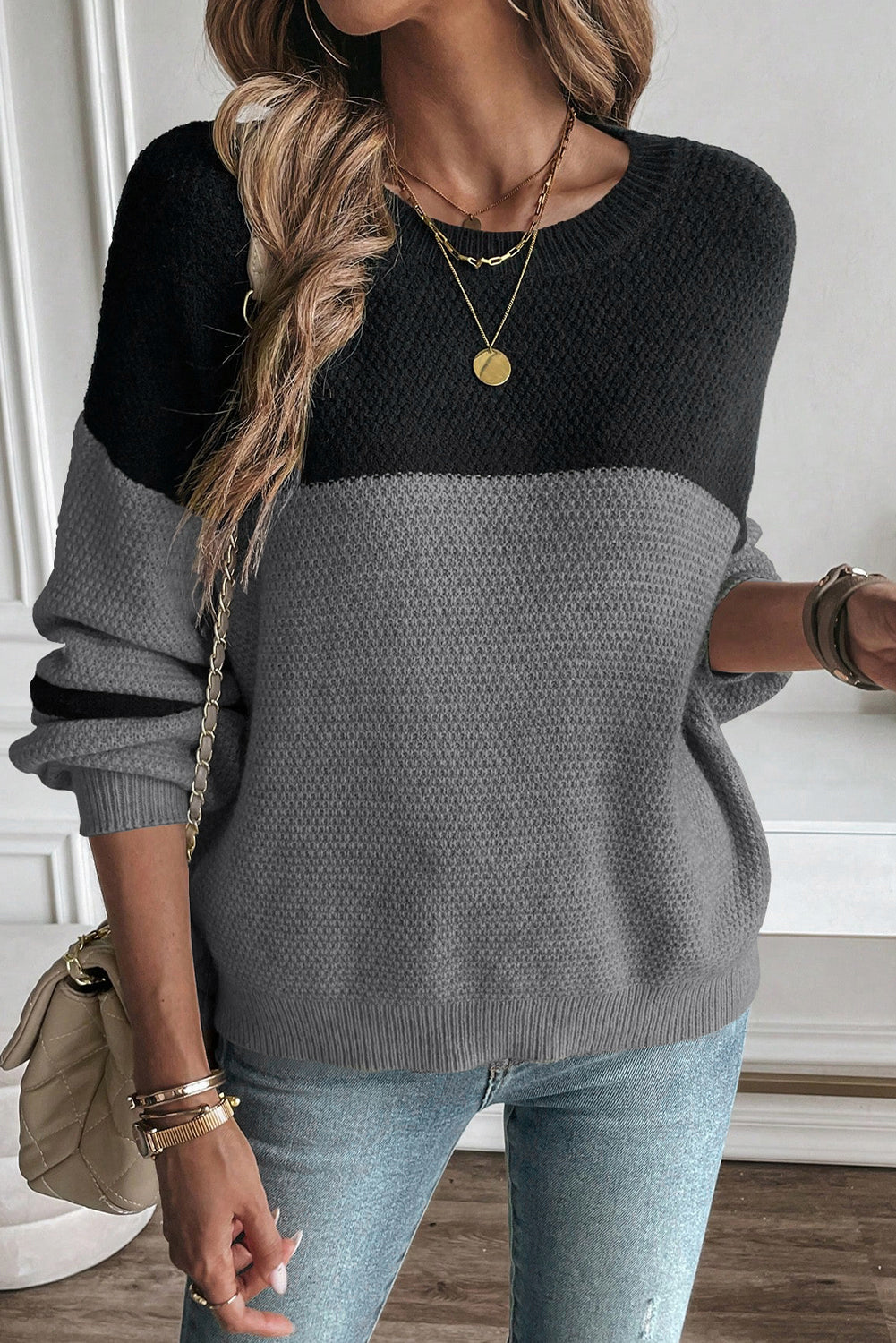 Parchment Color Block Knit Striped Sleeve Detail Casual Sweater