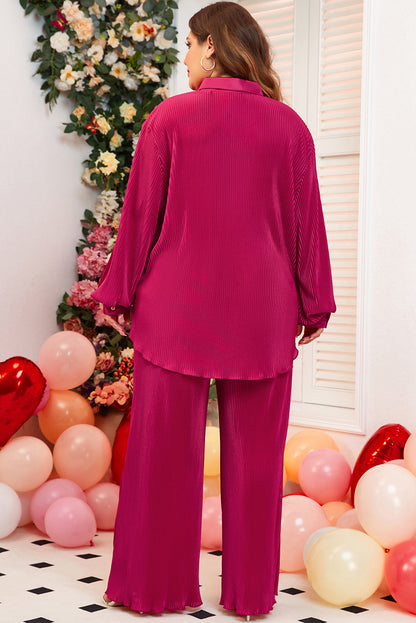 Rose Red Plus Size Ribbed Long Sleeve Shirt and Pants Pajama Set