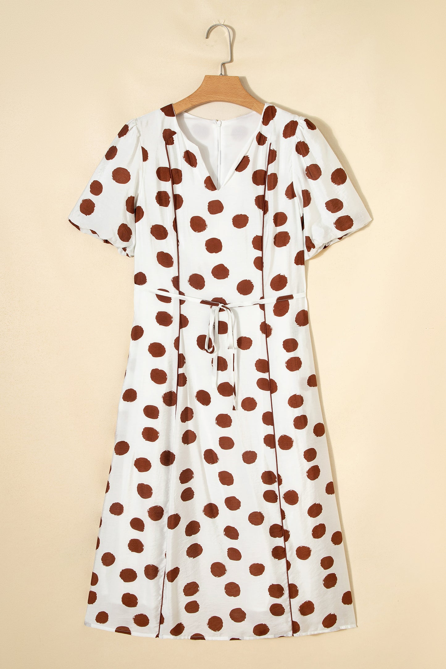 Polka Dot V Neck Tie Waist Short Sleeve Midi Dress