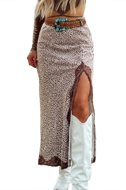 Cheetah Print Lace Trim Split Maxi Western Skirt