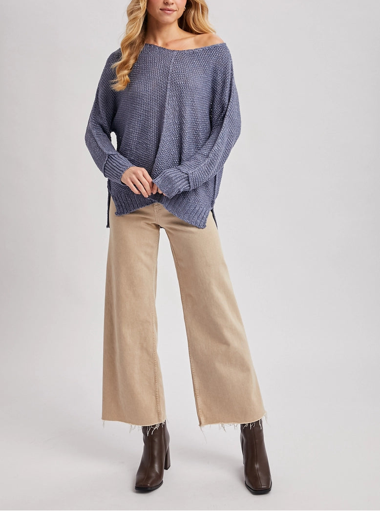 Textured V Neck Reverse Seam Relaxed Knit Sweater