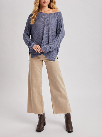 Textured V Neck Reverse Seam Relaxed Knit Sweater