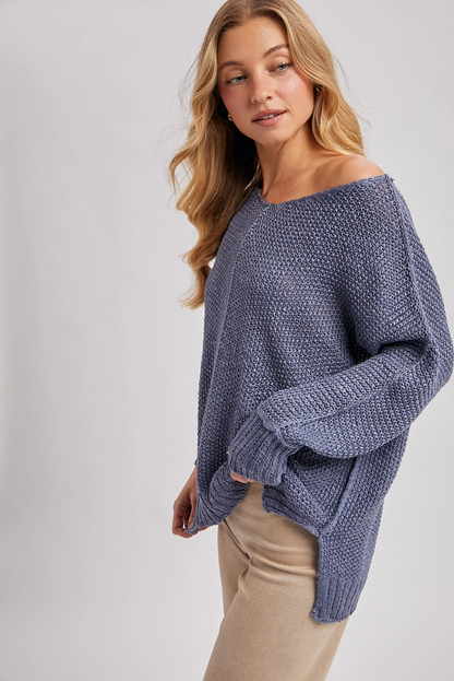 Textured V Neck Reverse Seam Relaxed Knit Sweater
