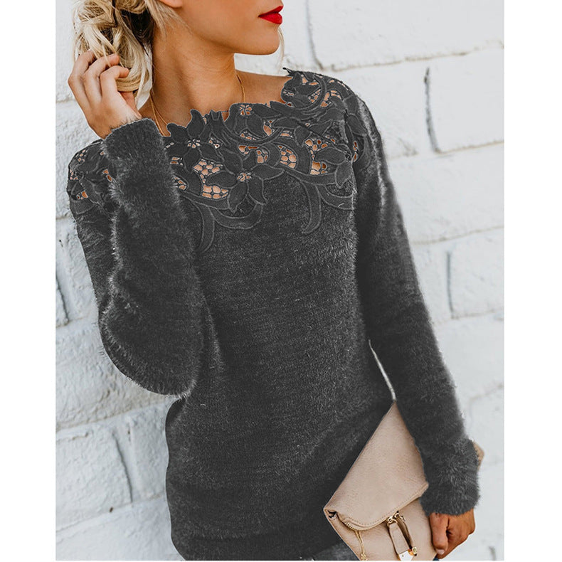 Off Shoulder Lace Fuzzy Sweater Long Sleeve Plus Size