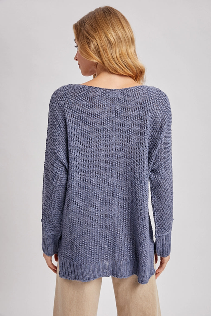 Textured V Neck Reverse Seam Relaxed Knit Sweater