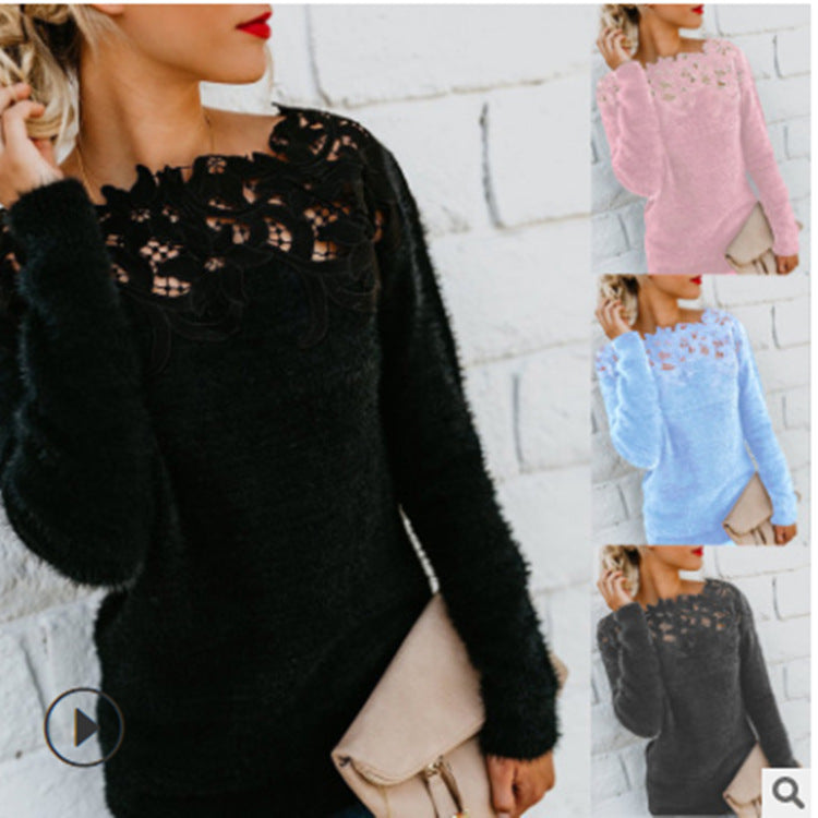Off Shoulder Lace Fuzzy Sweater Long Sleeve Plus Size