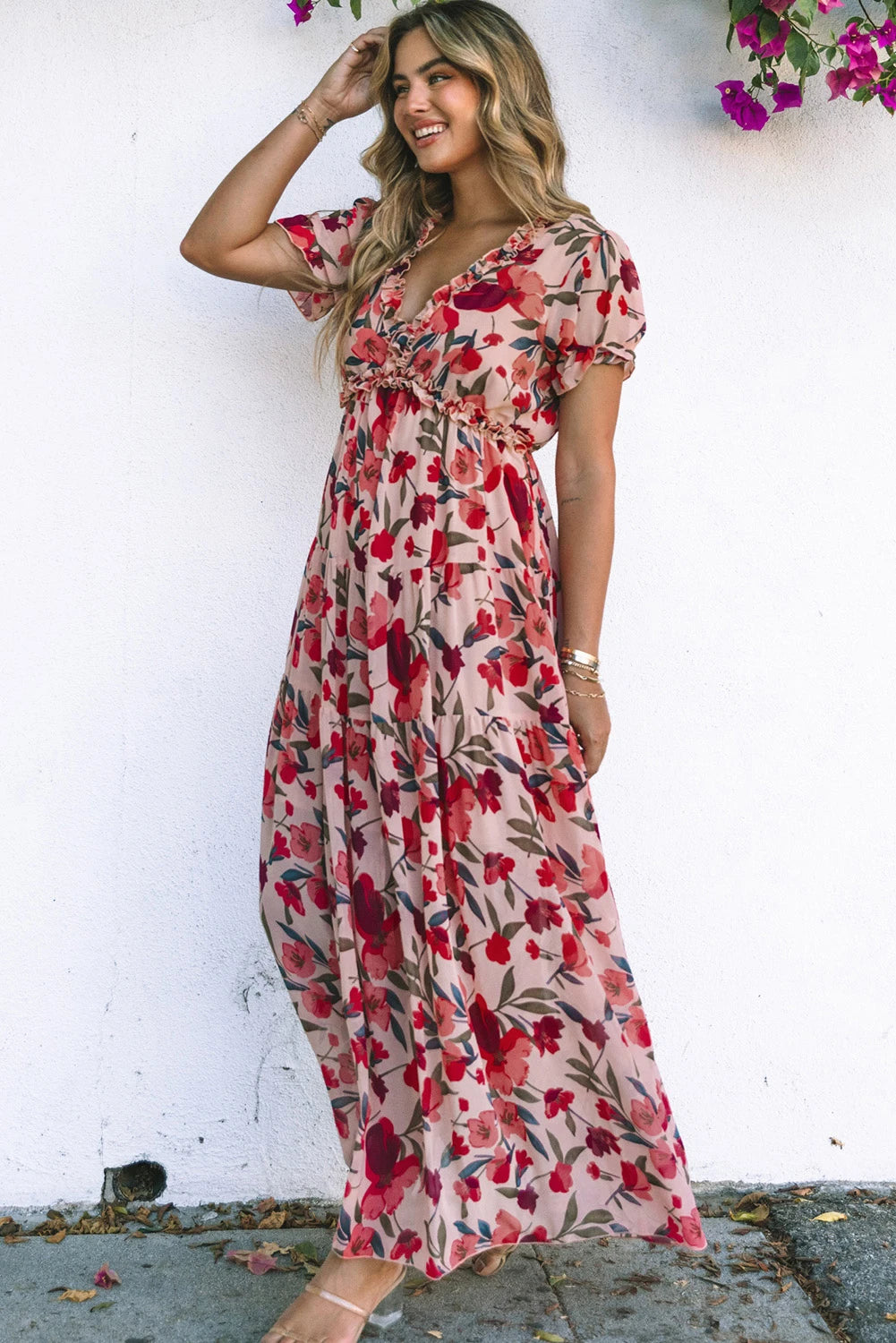 Sky Blue Floral V Neck Ruffle Short Sleeve Maxi Dress