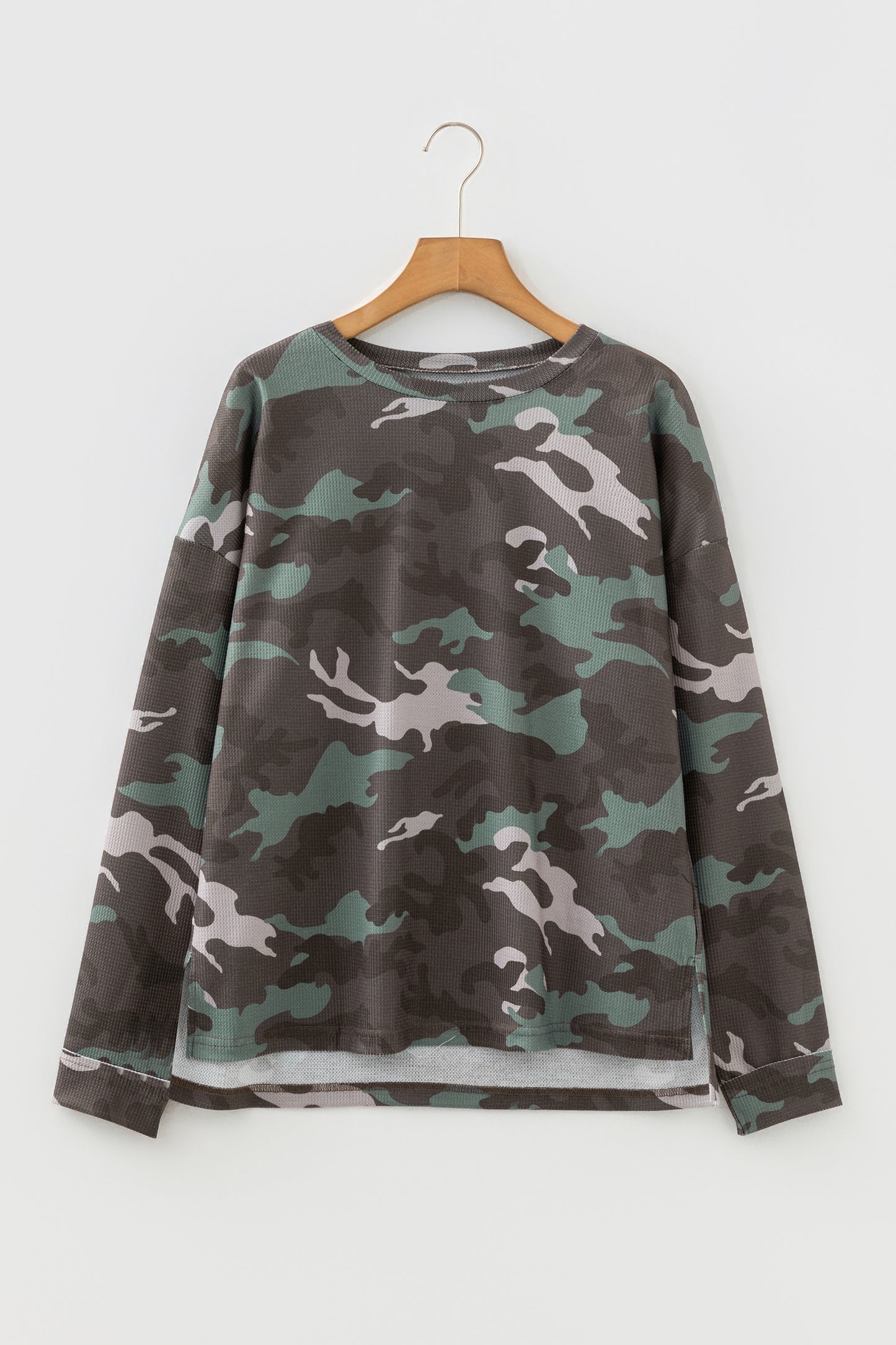 Green Camo Textured Drop Shoulder Long Sleeve Top