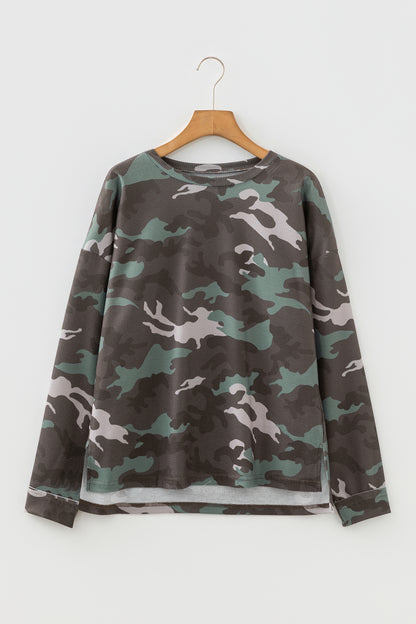 Green Camo Textured Drop Shoulder Long Sleeve Top