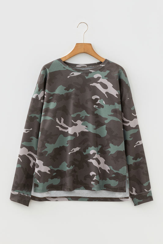 Green Camo Textured Drop Shoulder Long Sleeve Top