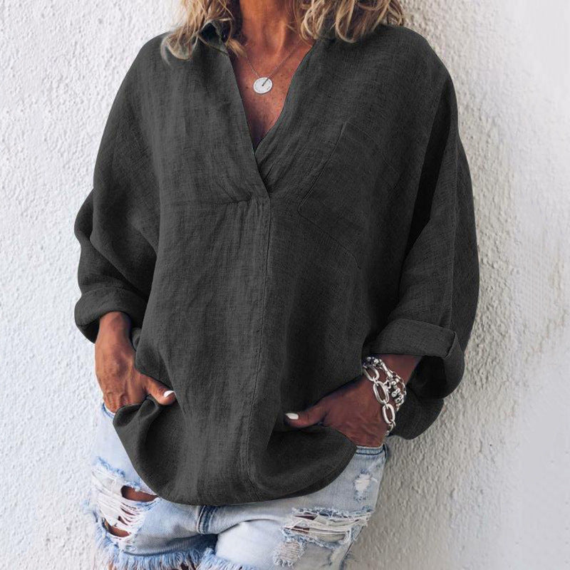 Women's Oversized V-Neck Long Sleeve Popover Blouse