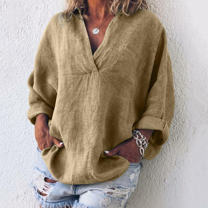 Women's Oversized V-Neck Long Sleeve Popover Blouse
