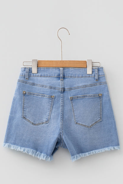Sail Blue High-Waist Distressed Raw Hem Denim Shorts
