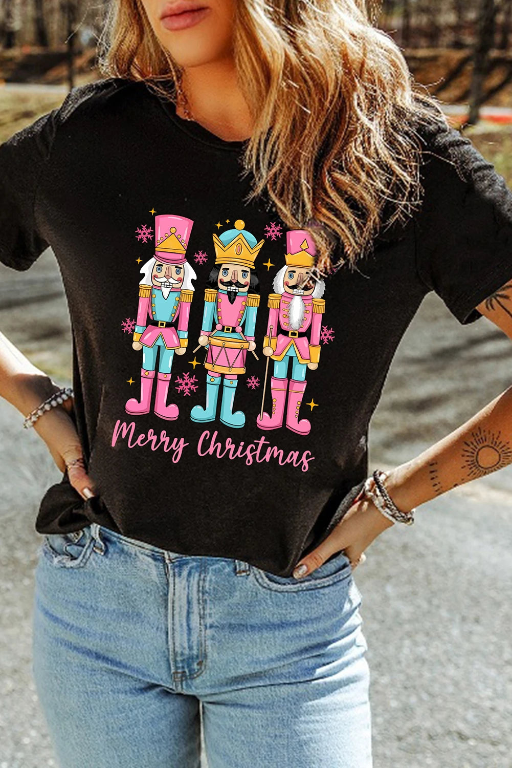 Black Merry Christmas Doll Printed T Shirt
