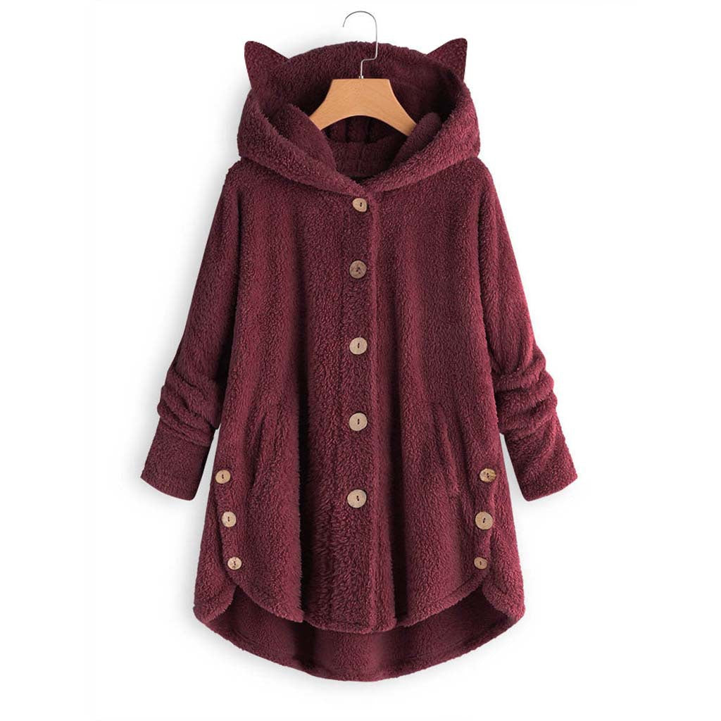 Women's Cat Ear Fleece Hooded Jacket Button Up