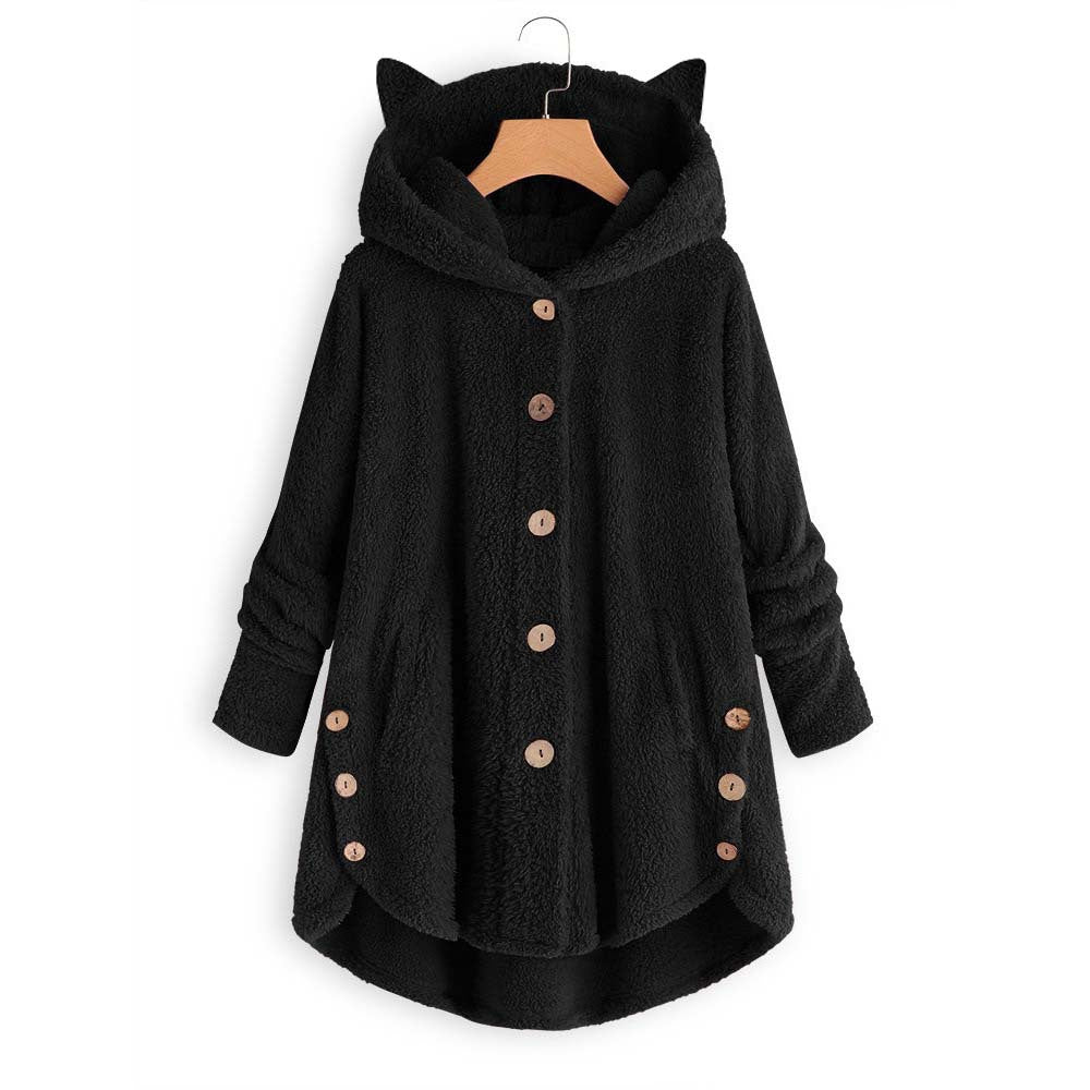 Women's Cat Ear Fleece Hooded Jacket Button Up
